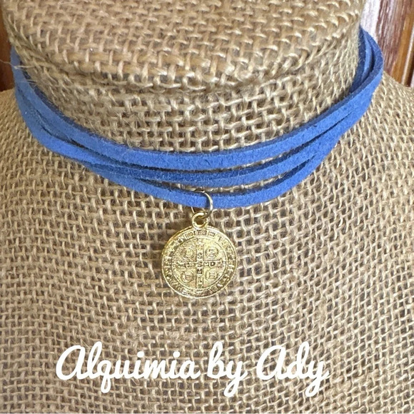Alquimia Jewelry - Saint Benedict San Benito leather suede blue cord wrap around necklace